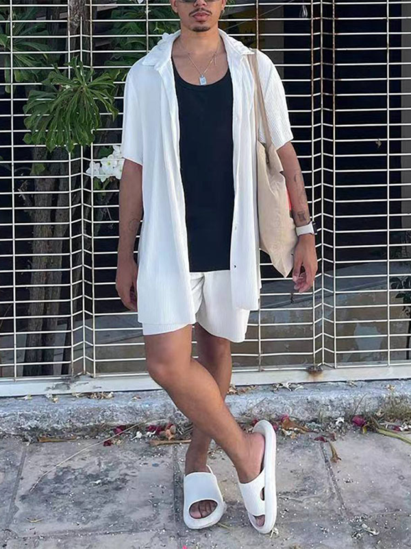 Men's casual loose beachwear solid color striped short-sleeved suit - MyriadMart