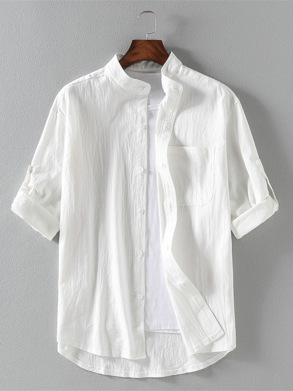 Men's casual solid color stand collar short sleeve shirt - MyriadMart