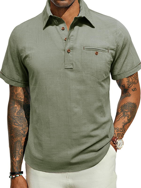 Men's casual solid color lapel short-sleeved tops - MyriadMart