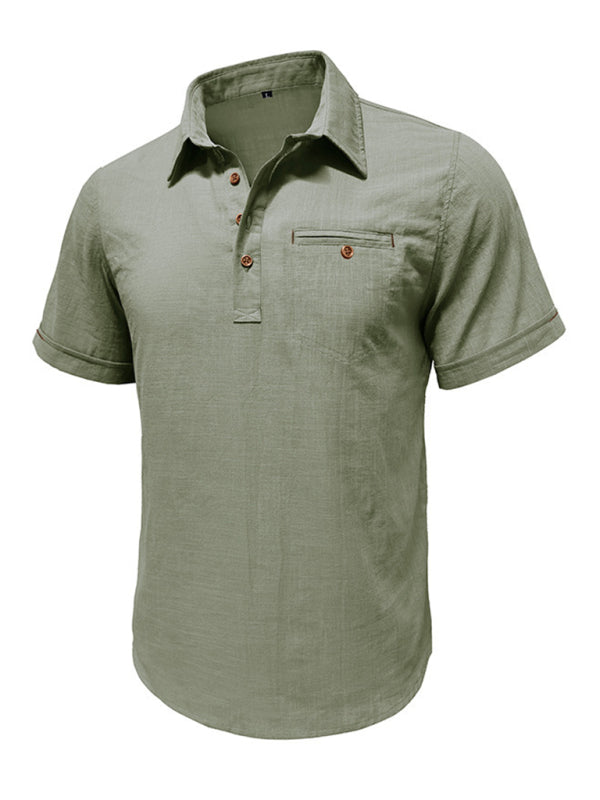 Men's casual solid color lapel short-sleeved tops - MyriadMart