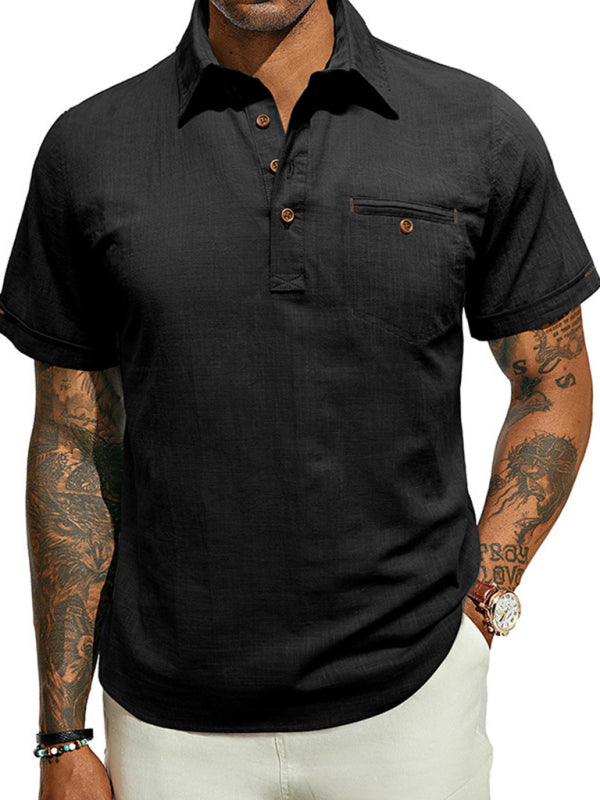 Men's casual solid color lapel short-sleeved tops - MyriadMart