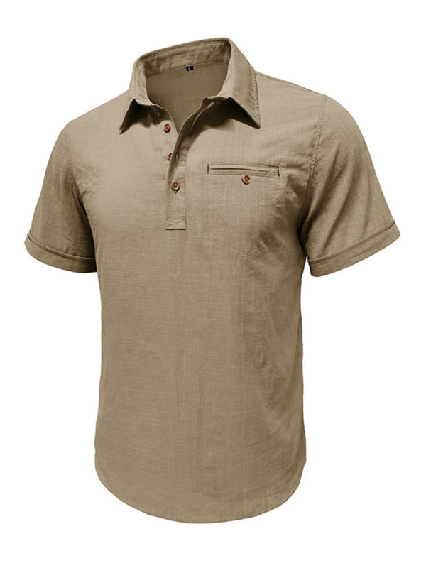 Men's casual solid color lapel short-sleeved tops - MyriadMart
