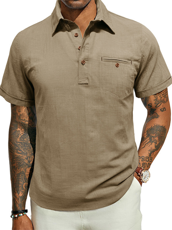 Men's casual solid color lapel short-sleeved tops - MyriadMart