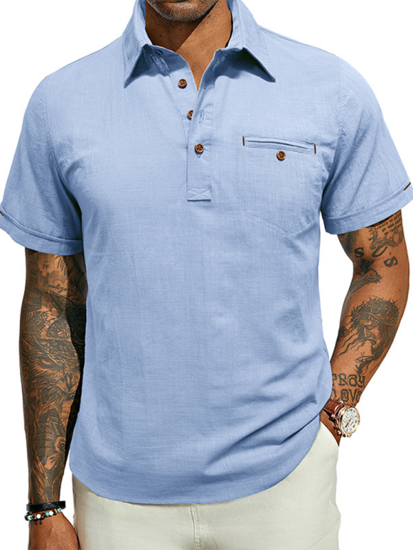 Men's casual solid color lapel short-sleeved tops - MyriadMart
