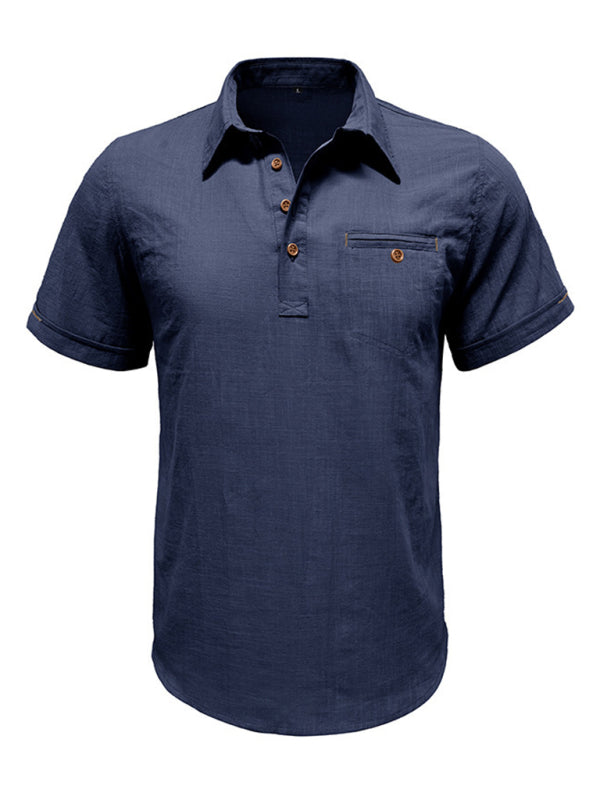 Men's casual solid color lapel short-sleeved tops - MyriadMart