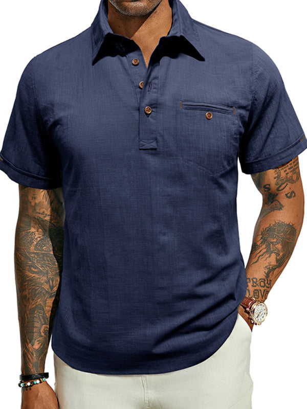 Men's casual solid color lapel short-sleeved tops - MyriadMart