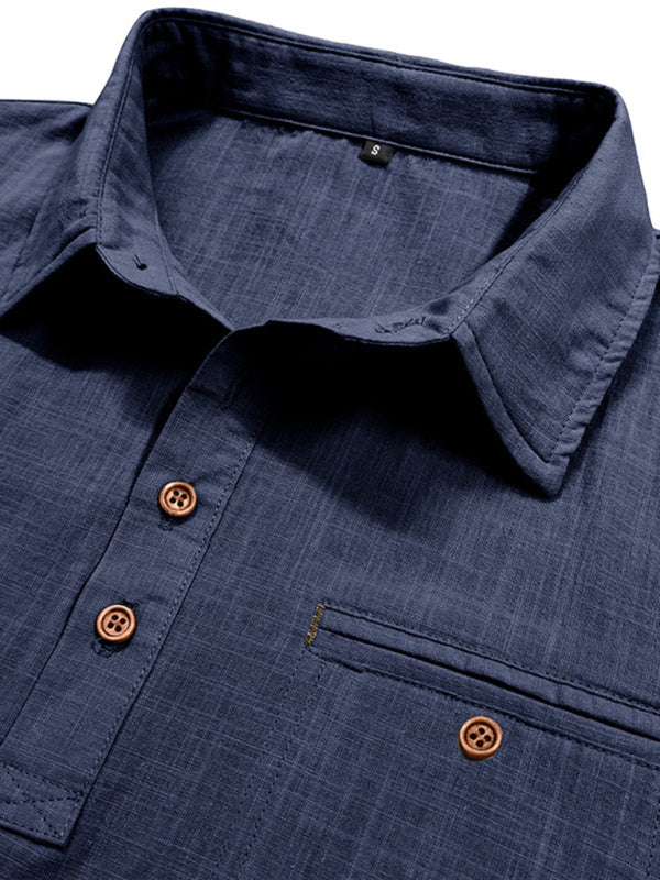 Men's casual solid color lapel short-sleeved tops - MyriadMart