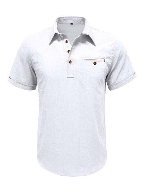 Men's casual solid color lapel short-sleeved tops - MyriadMart