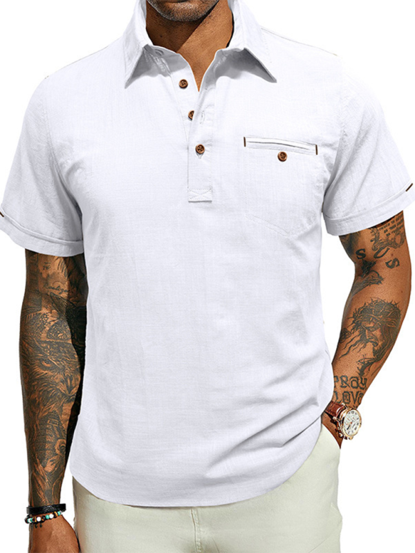 Men's casual solid color lapel short-sleeved tops - MyriadMart