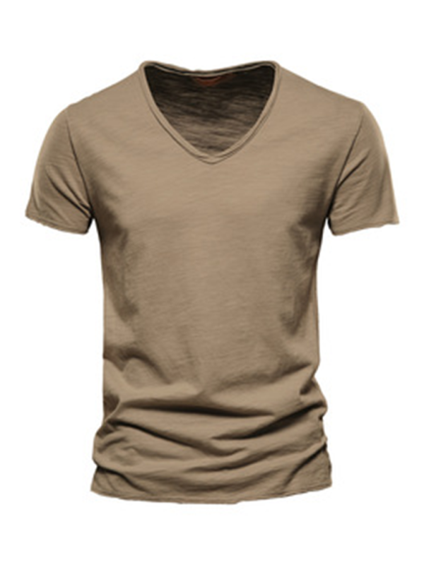 Men's New Solid Color Slub Cotton V-Neck Short Sleeve T-Shirt - MyriadMart