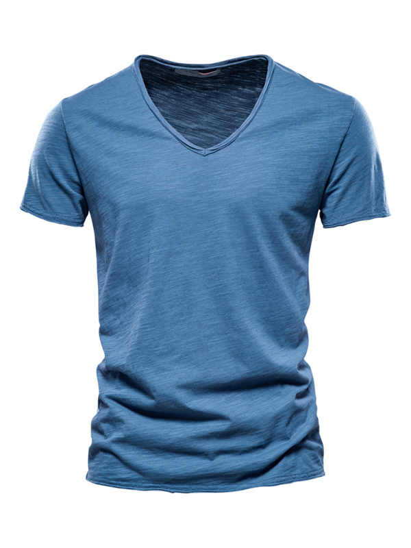 Men's New Solid Color Slub Cotton V-Neck Short Sleeve T-Shirt - MyriadMart