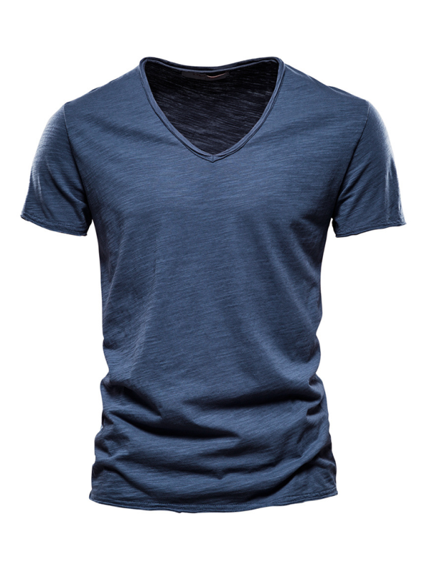 Men's New Solid Color Slub Cotton V-Neck Short Sleeve T-Shirt - MyriadMart