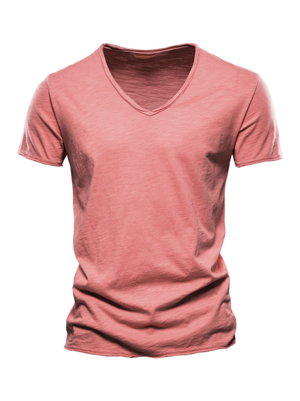 Men's New Solid Color Slub Cotton V-Neck Short Sleeve T-Shirt - MyriadMart