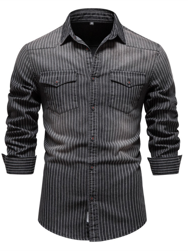 Men's Heavy Washed Distressed Striped Denim Shirt - MyriadMart