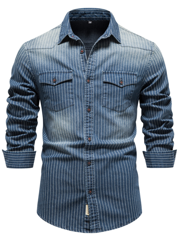 Men's Heavy Washed Distressed Striped Denim Shirt - MyriadMart