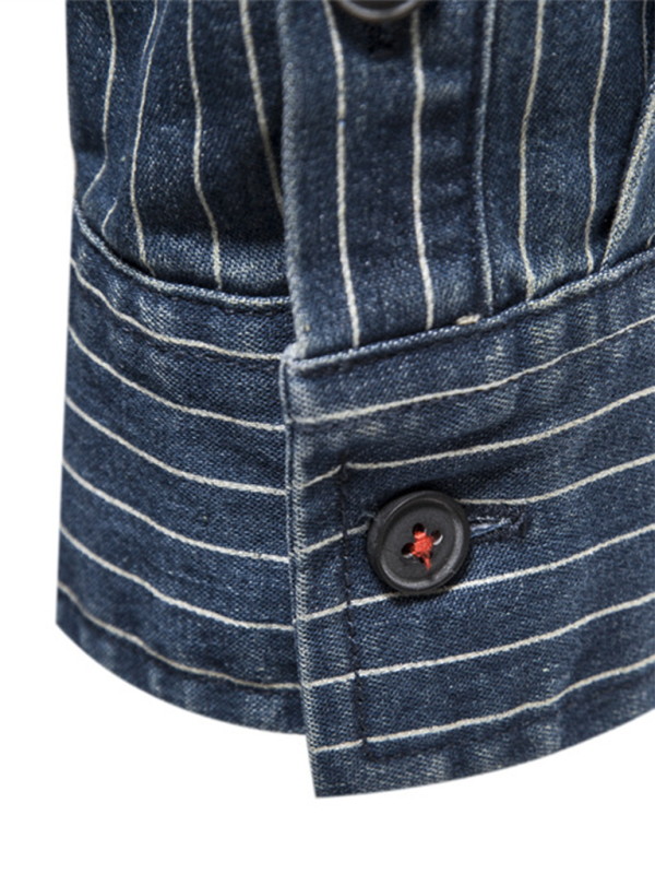 Men's Heavy Washed Distressed Striped Denim Shirt - MyriadMart