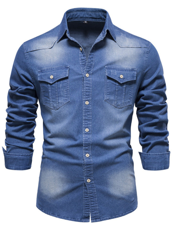 Men's casual solid color non-iron denim long-sleeved shirt - MyriadMart