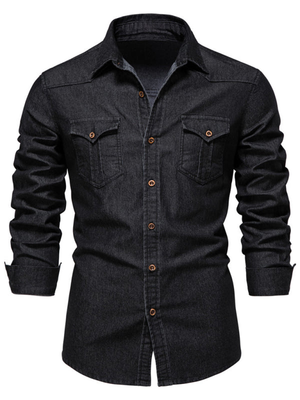Men's casual solid color non-iron denim long-sleeved shirt - MyriadMart