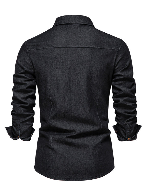 Men's casual solid color non-iron denim long-sleeved shirt - MyriadMart