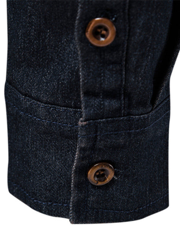 Men's casual solid color non-iron denim long-sleeved shirt - MyriadMart