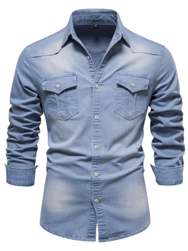 Men's casual solid color non-iron denim long-sleeved shirt - MyriadMart