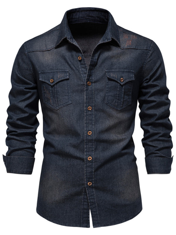 Men's casual solid color non-iron denim long-sleeved shirt - MyriadMart