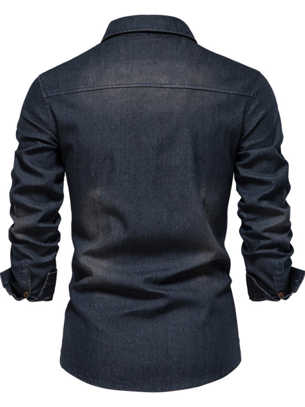 Men's casual solid color non-iron denim long-sleeved shirt - MyriadMart