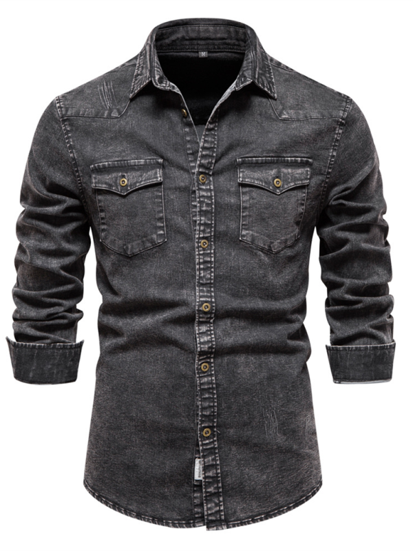 Men's casual distressed denim long sleeve shirt - MyriadMart