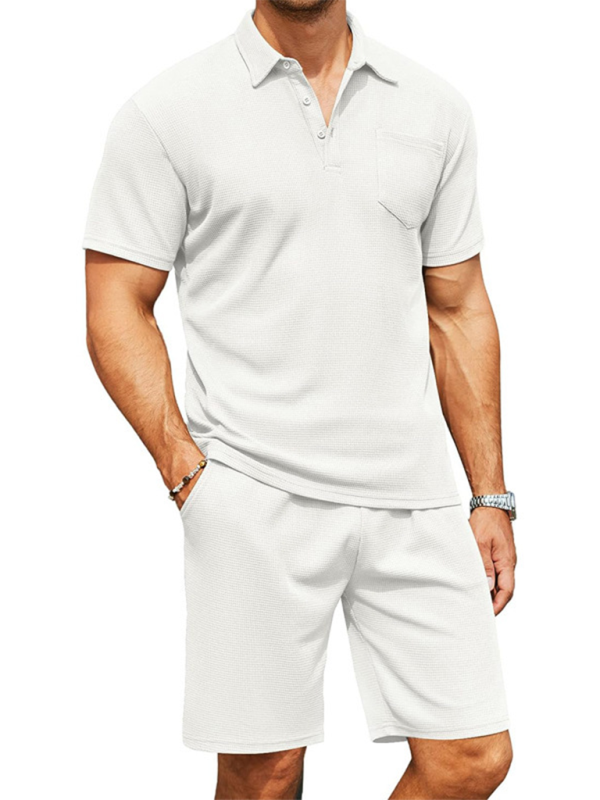 Men's lapel polo shirt short-sleeved T-shirt pocket decoration shorts two-piece set - MyriadMart