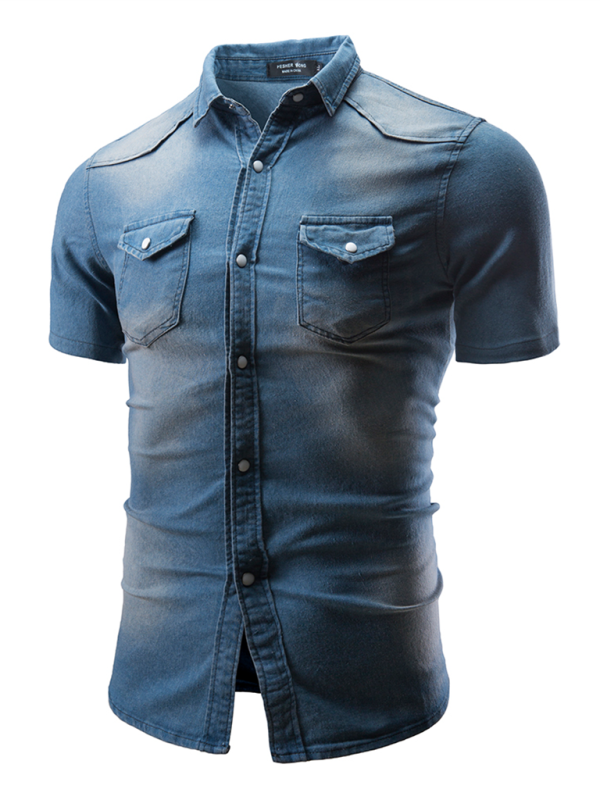 New Men's Solid Color Denim Pocket Decorated Short Sleeve Shirt - MyriadMart