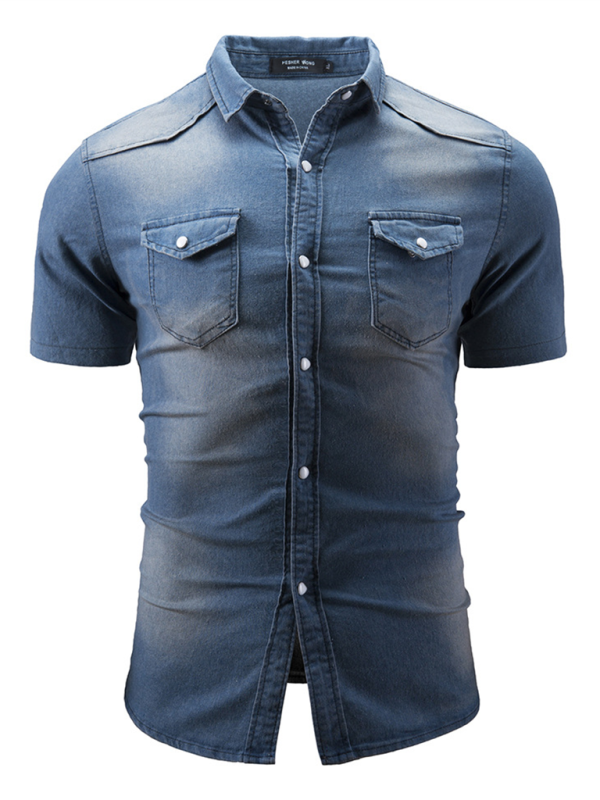 New Men's Solid Color Denim Pocket Decorated Short Sleeve Shirt - MyriadMart