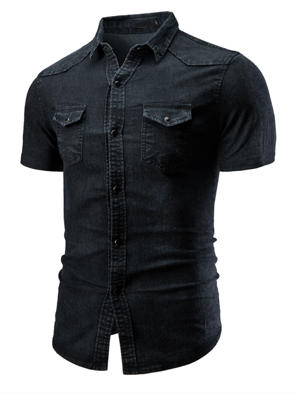 New Men's Solid Color Denim Pocket Decorated Short Sleeve Shirt - MyriadMart