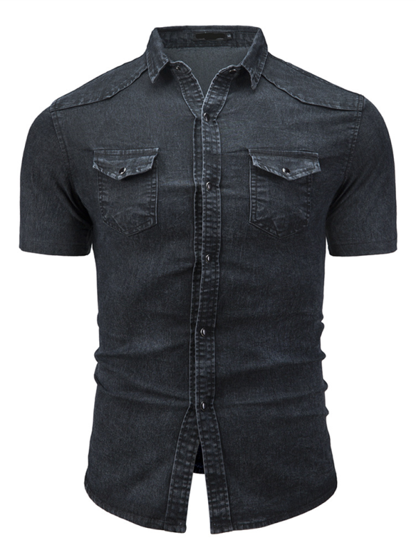 New Men's Solid Color Denim Pocket Decorated Short Sleeve Shirt - MyriadMart