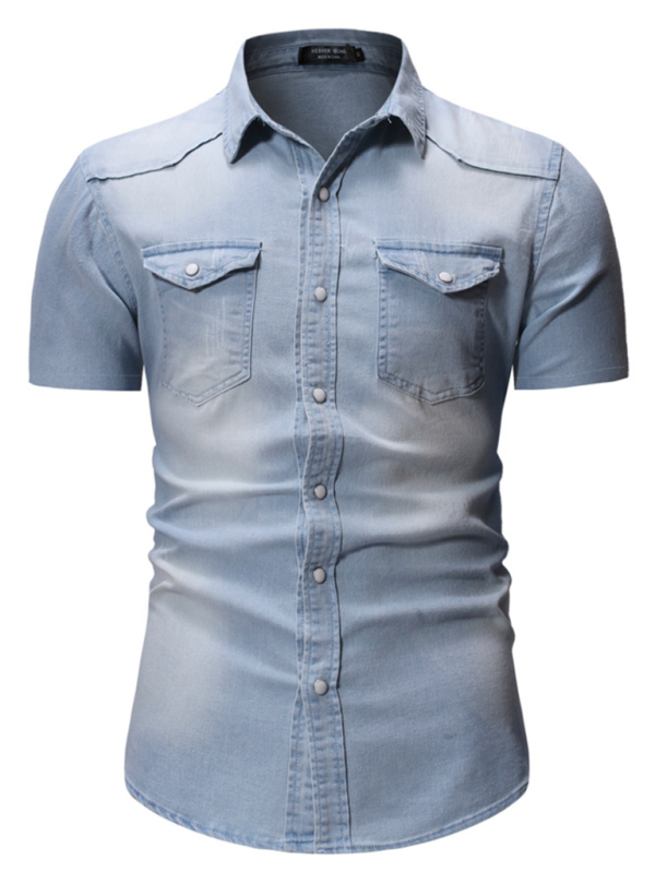 New Men's Solid Color Denim Pocket Decorated Short Sleeve Shirt - MyriadMart