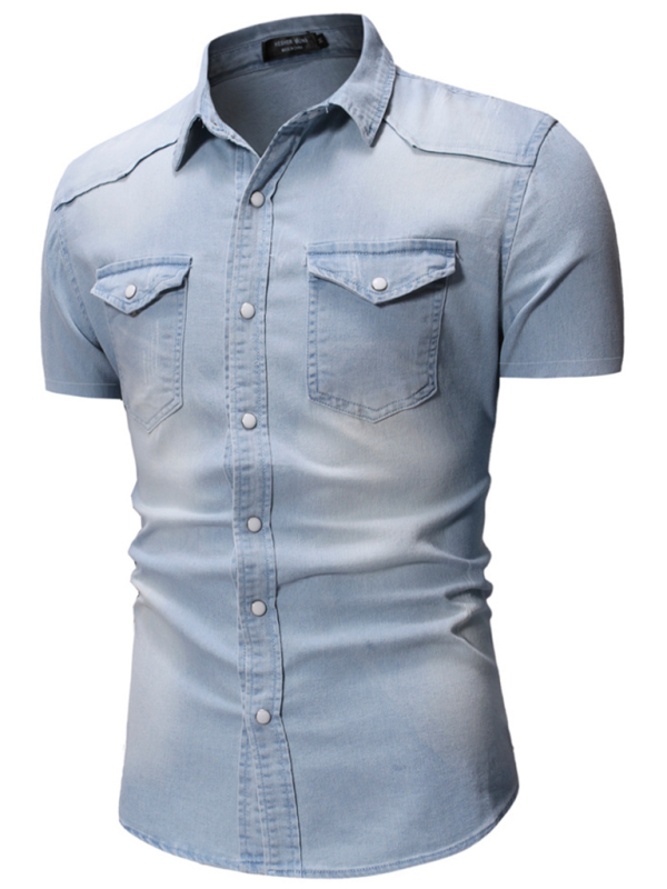 New Men's Solid Color Denim Pocket Decorated Short Sleeve Shirt - MyriadMart