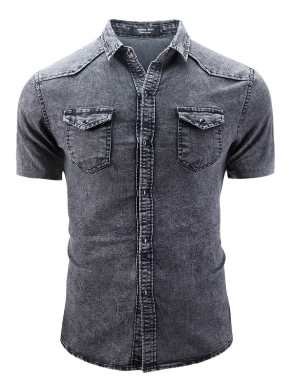 New Men's Solid Color Denim Pocket Decorated Short Sleeve Shirt - MyriadMart