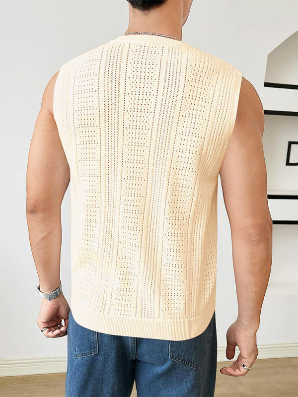 Men's new solid color sweater fashionable sleeveless top hollow breathable round neck casual vest - MyriadMart
