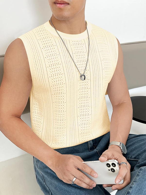 Men's new solid color sweater fashionable sleeveless top hollow breathable round neck casual vest - MyriadMart