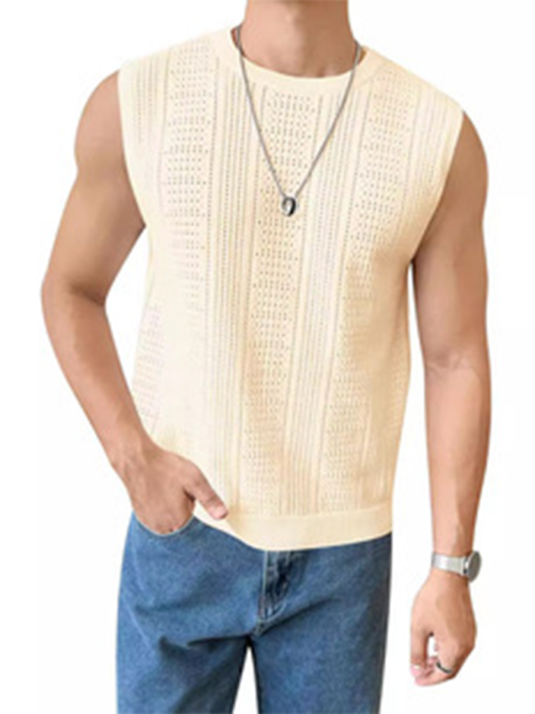 Men's new solid color sweater fashionable sleeveless top hollow breathable round neck casual vest - MyriadMart