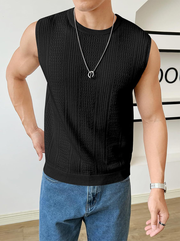 Men's new solid color sweater fashionable sleeveless top hollow breathable round neck casual vest - MyriadMart