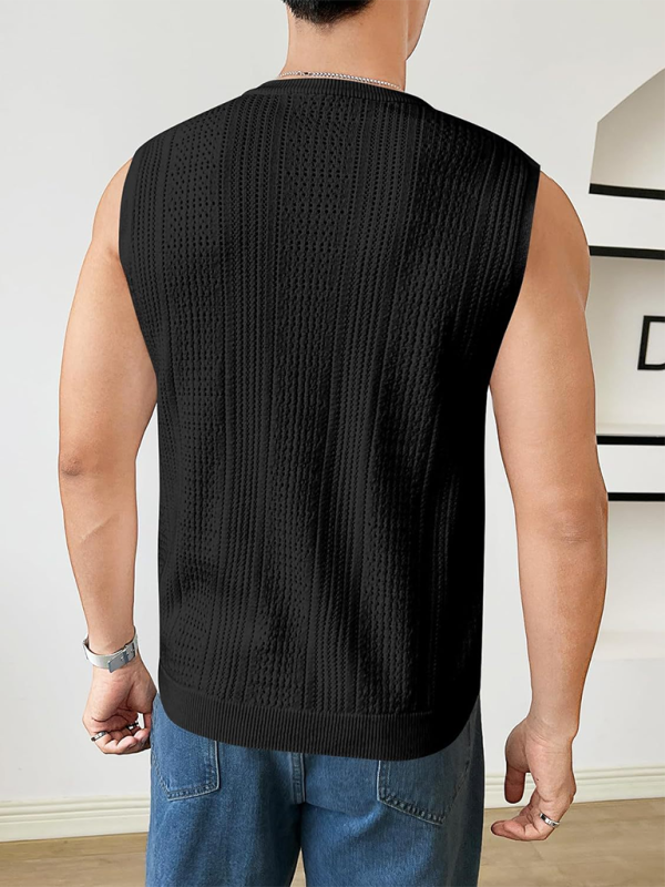 Men's new solid color sweater fashionable sleeveless top hollow breathable round neck casual vest - MyriadMart