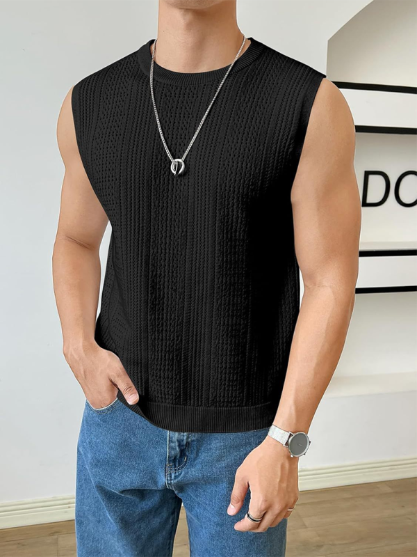 Men's new solid color sweater fashionable sleeveless top hollow breathable round neck casual vest - MyriadMart