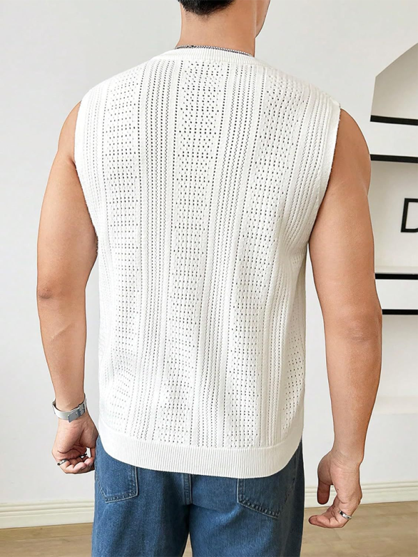 Men's new solid color sweater fashionable sleeveless top hollow breathable round neck casual vest - MyriadMart