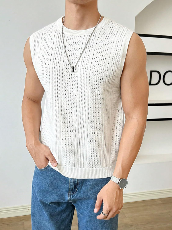 Men's new solid color sweater fashionable sleeveless top hollow breathable round neck casual vest - MyriadMart