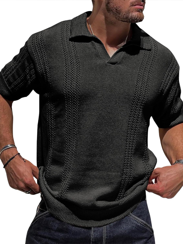 Men's Knitted POLO Shirt Short Sleeve V-Neck Loose Solid Color Top - MyriadMart