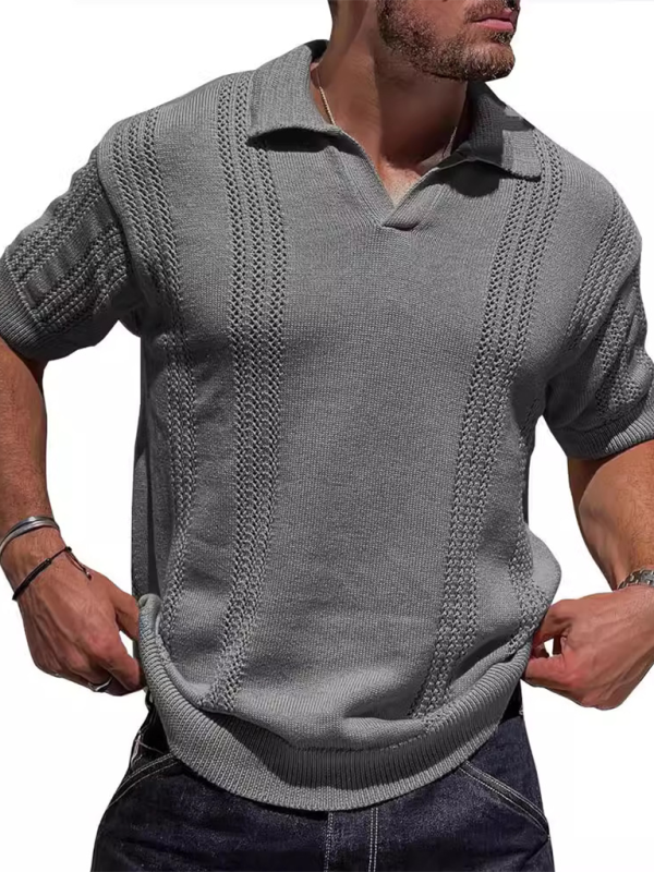 Men's Knitted POLO Shirt Short Sleeve V-Neck Loose Solid Color Top - MyriadMart