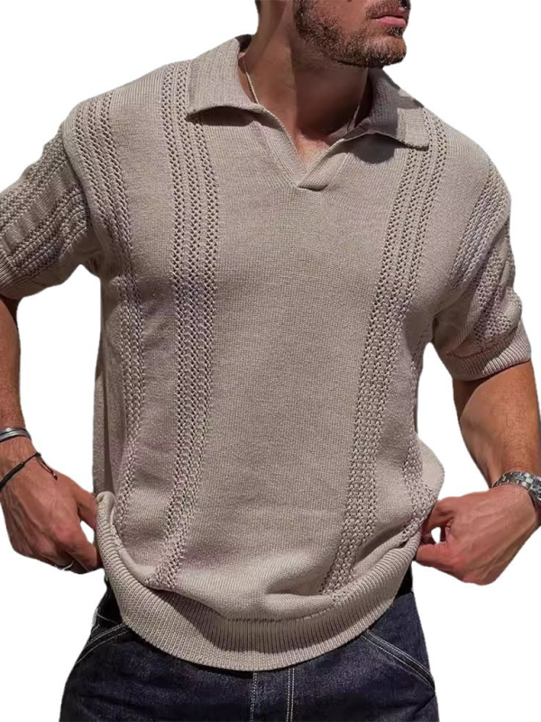 Men's Knitted POLO Shirt Short Sleeve V-Neck Loose Solid Color Top - MyriadMart