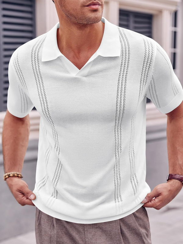 Men's Knitted POLO Shirt Short Sleeve V-Neck Loose Solid Color Top - MyriadMart