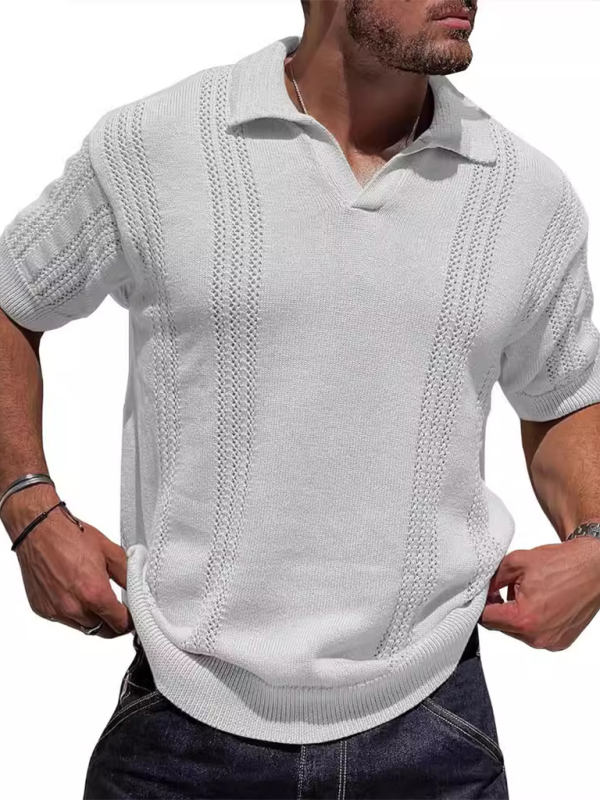 Men's Knitted POLO Shirt Short Sleeve V-Neck Loose Solid Color Top - MyriadMart
