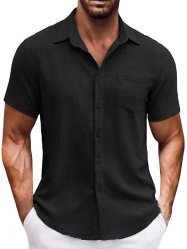 New solid color lapel pocket short sleeve casual men's shirt - MyriadMart